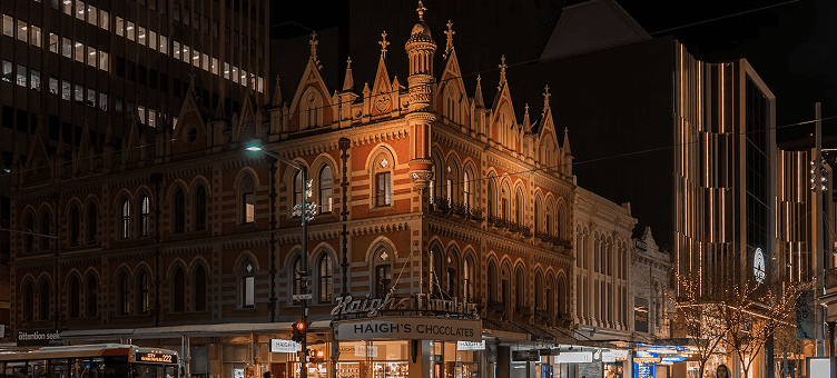 Historic Adelaide city center illuminated at night