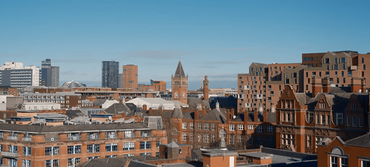 Manchester city center skyline and historic buildings